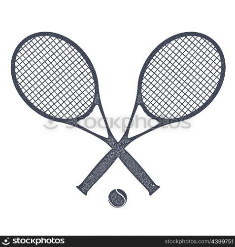 Two tennis rackets with a ball for tennis on a white background. Vintage style. Stock vector &#xA;illustration