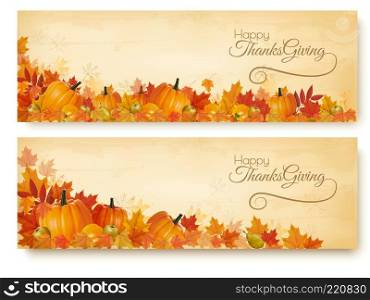 Two Thanksgiving Holiday Banners with colorful leaves and autumn vegetables Vector.