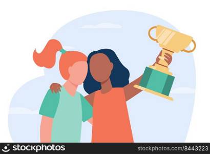 Two tiny girls winning prize in competition. Cup, victory. Flat vector illustration. Contest concept can be used for presentations, banner, website design, landing web page