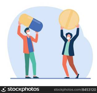 Two tiny guys in masks holding giant pills. Coronavirus, pandemic, drug flat vector illustration. Medicine and healthcare concept for banner, website design or landing web page