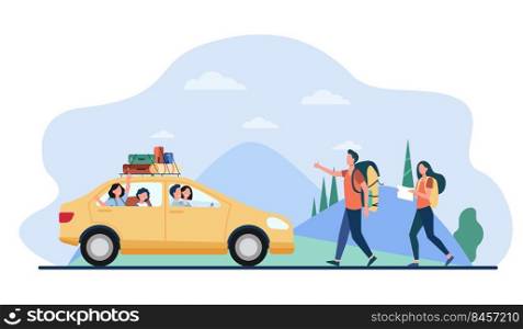 Two tourist catching car on road. Vehicle, nature, backpack flat vector illustration. Hitchhiking and traveling concept for banner, website design or landing web page