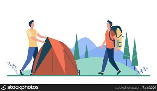 Two tourists pitching tent on meadow. Forest, nature. Flat vector illustration. C&ing concept can be used for presentations, banner, website design, landing web page