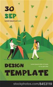 Two tourists pitching tent on meadow. Forest, nature. Flat vector illustration. Camping concept can be used for presentations, banner, website design, landing web page