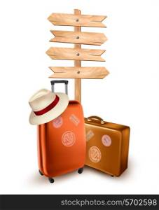 Two travel suitcases and a direction sign. Vector illustration.