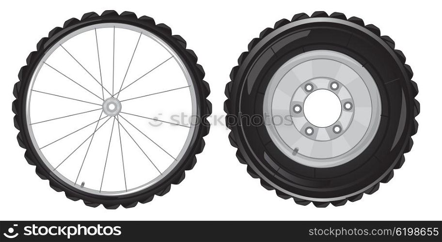 Two travell about. Wheel of the car and bicycle.Vector illustration