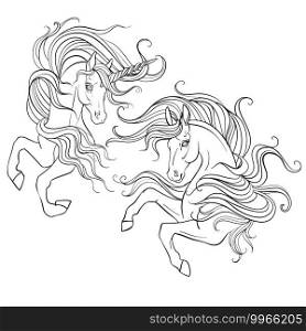 Two unicorns with a long manes. Vector black and white contour illustration for coloring page. For the design of prints, posters, postcards, stickers, tattoo, t-shirt design, logo, sign. Two beauty unicorn vector illustration coloring book page