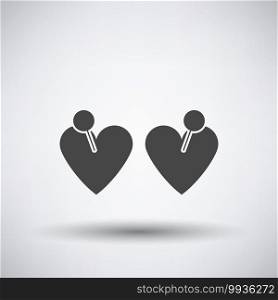 Two Valentines Heart With Pin Icon. Dark Gray on Gray Background With Round Shadow. Vector Illustration.