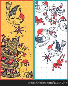 two vector Christmas cards with birds and a Christmas tree