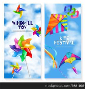 Two vertical and realistic kite wind mill toy banner set with two different holiday flying games vector illustration