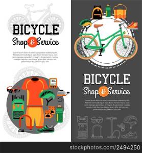 Two vertical banners with advertising of mountain biking accessories shop and service for bicycle vector illustration. Mountain Biking Vertical Banners