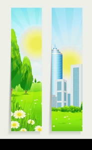 Two Vertical Banners with Nature and City