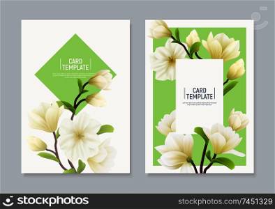 Two vertical colored realistic magnolia flower banner or flyer set with places for text and headline vector illustration