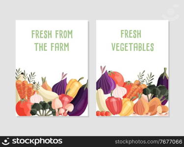 Two vertical poster templates with fresh organic vegetables and place for text. Colorful hand drawn natural food. Vector illustration. 