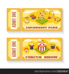 Two vintage amusement park tickets set. Two vintage amusement park circus show entrance tickets templates set with chapiteau tent abstract isolated vector illustration