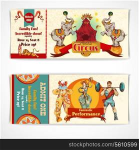 Two vintage circus incredible clown show entrance tickets templates with strongman barbells set isolated vector illustration