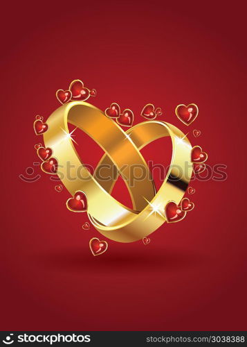 Two wedding rings in heart shape and red hearts background.. Wedding rings and hearts