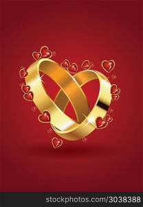 Two wedding rings in heart shape and red hearts background.. Wedding rings and hearts