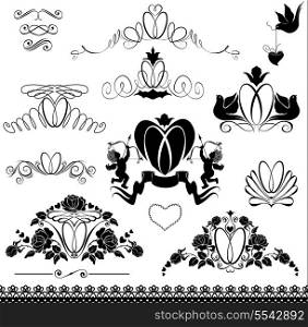 Two wedding rings - Vintage ornaments, calligraphic design elements and page decorations for wedding invitation, black and white version.