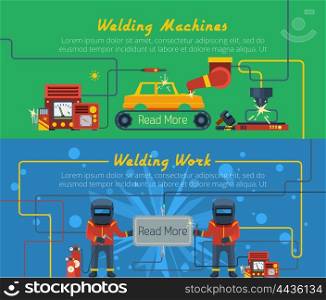 Two Welding Horizontal Banners. Two flat horizontal vector banners with illustration of welders tools and welding machines