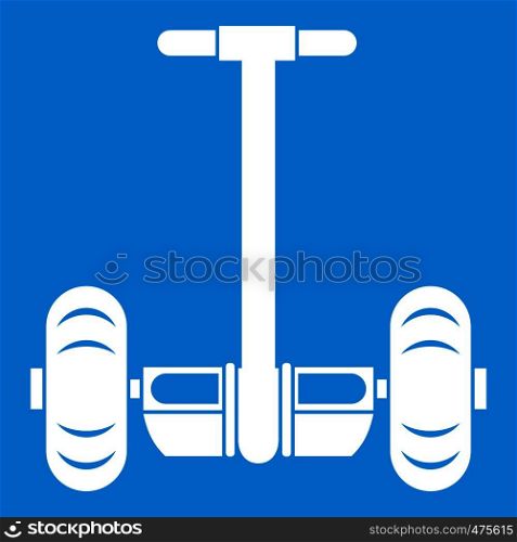 Two wheeled battery powered electric vehicle icon white isolated on blue background vector illustration. Two wheeled battery powered vehicle icon white