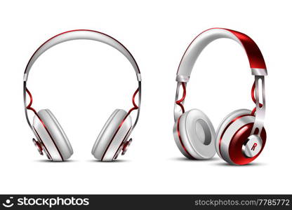 Two white and isolated realistic wireless headphones set for site design or presentation vector illustration. Realistic Wireless Headphones Set