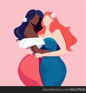 Two white black girl, female hugging, girlfriends, friends, gay, lesbian. Racial equality, skin colour, difference.  Vector illustration  . Two white black girl, female hugging, girlfriends, friends, gay, lesbian