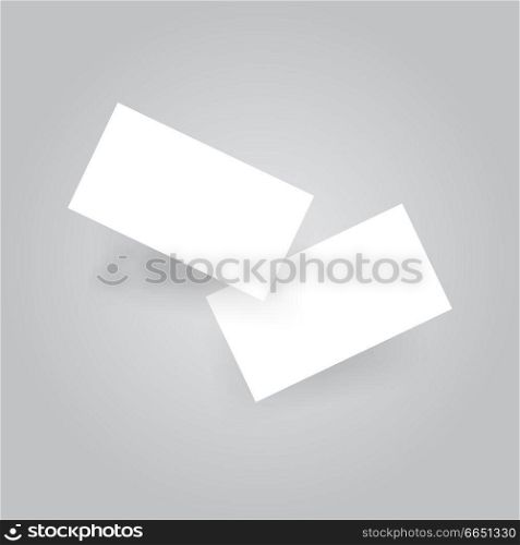 Two white business cards on a gray background. Vector illustration .. Two white business cards .