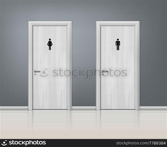 Two white wooden doors wc realistic composition for for men and women with inscription on the door vector illustration. Doors Wc Realistic Composition