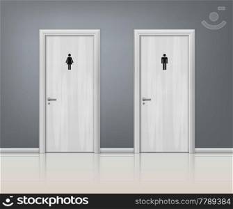 Two white wooden doors wc realistic composition for for men and women with inscription on the door vector illustration. Doors Wc Realistic Composition