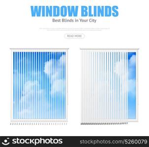 Two Windows With Blinds Overlooking Cloudy Sky. Two isolated windows elements with white vertical blinds overlooking cloudy blue sky realistic vector illustration