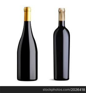 Two wine bottle design. Black glass red pinot noir or burgundy wine blank, isolated vector mockup. Vintage frenchbeverage like bordeaux, elegant mesh illustration, shampagne, cabernet. Two wine bottle design. Black glass red pinot noir
