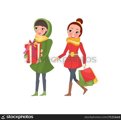 Two woman shopaholics with presents gift boxes. Female friends doing shopping isolated on white. Stylish ladies in green and red coats vector buyers. Two Woman Shopaholics Presents Gift Boxes. Females