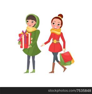 Two woman shopaholics with presents gift boxes. Female friends doing shopping isolated on white. Stylish ladies in green and red coats vector buyers. Two Woman Shopaholics Presents Gift Boxes. Females