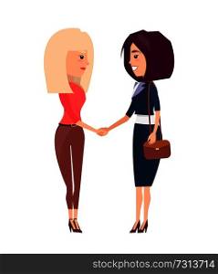 Two women blonde and brunette shake hands greeting each other or coming to conclusion vector illustration cartoon business woman isolated on white. Two Women Blonde and Brunette Shake Hands Greeting