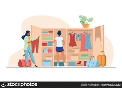Two women choosing clothes for travel from wardrobe. Apparel, dress, baggage flat vector illustration. Fashion and vacation concept for banner, website design or landing web page