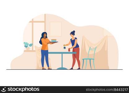 Two women cleaning table and room. Work, cooperation. Flat vector illustration. Cleaning service concept can be used for presentations, banner, website design, landing web page
