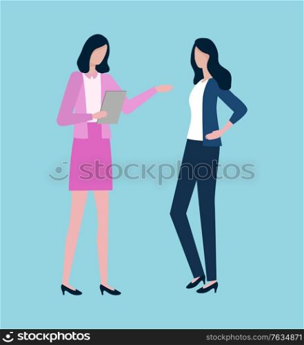 Two women discussing business issues isolated cartoon characters. Pretty lady in pink costume with clipboard and businesswoman in suit with trousers. Vector illustration in flat cartoon style. Two Women Discussing Business Issues Isolated