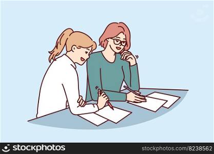 Two women doing paperwork sitting at table in office of insurance company during conclusion of contract. Business women make business plan for new project wish to create successful startup together. Women doing paperwork sitting at table in office of insurance company during conclusion of contract