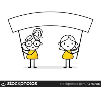 Two women hold empty blank banner. Claim concept. Vector stock illustration.