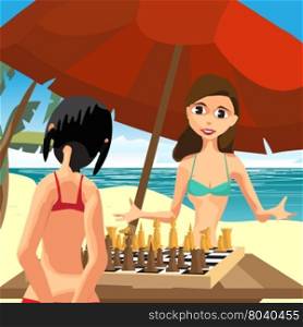 Two women in a bikini playing chess sitting on the beach under an umbrella. Vector flat cartoon illustration. Sea landscape summer beach