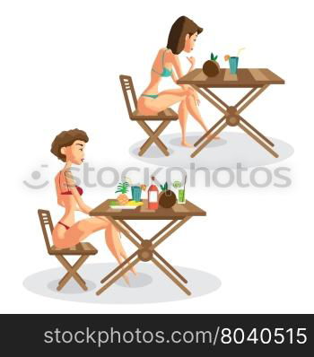 Two women in bikini sitting at a table with fruits and drinks on the beach. Isolated flat cartoon illustration