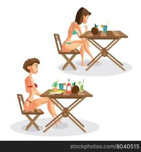 Two women in bikini sitting at a table with fruits and drinks on the beach. Isolated flat cartoon illustration