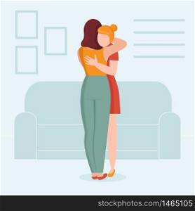 Two women in hugs. Concept of female support. Woman in difficult circumstances, victim of family and sexual violence. Psychological and friendly help. Cartoon vector illustration.