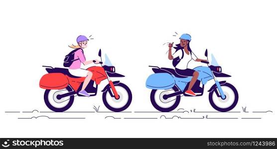 Two women on motorcycles flat doodle illustration. Tourists riding bikes. Woman using local transport with guide. Indonesia tourism 2D cartoon character with outline for commercial use