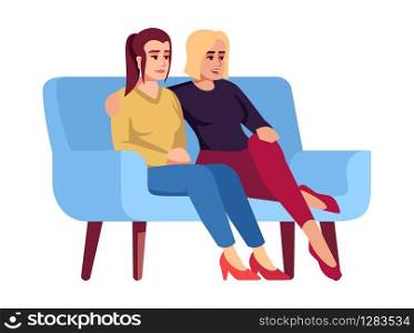 Two women on sofa semi flat RGB color vector illustration. Female friends on couch. Girls spending time together. Same-sex couple. Psychology consultation. Isolated cartoon character on white