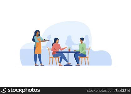 Two women sitting in cafe. Waiter, lunch, conversation flat vector illustration. Friendship and relationship concept for banner, website design or landing web page