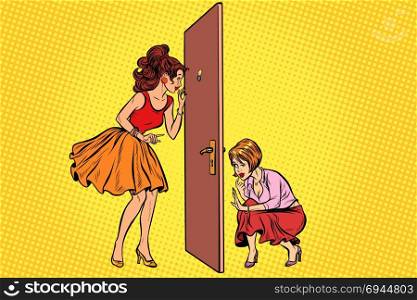 Two women spy on each other through the door. Pop art retro comic book vector illustration. Two women spy on each other through the door