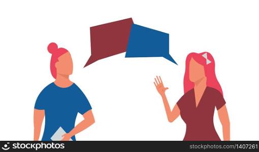 Two women talking vector flat illustration communication. Female discussion character group conversation background. Friend speech together concept design. Couple friendship lady gossip bubble dialog