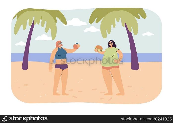 Two women with different diets and figures on beach. Slim girl eating apple, fat female with hamburger flat vector illustration. Comparison, food, lifestyle concept for banner or landing web page