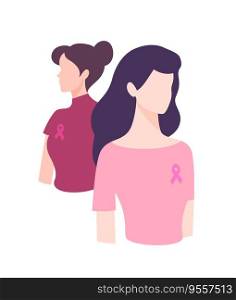 Two women with pink ribbons standing together. Breast cancer awareness month. Concept of support and solidarity with females fighting oncological disease.